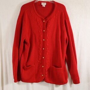 Women's Red Knit Cardigan w/Floral Embroidery – Button Front, Pockets, Sz 1X